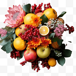 背景聚焦图片_木桌上平放的水果新鲜花束 — 感