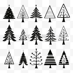 线性风格的黑白圣诞树集