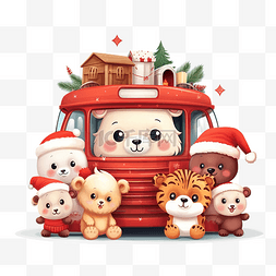 圣诞假期贺卡与卡通红色巴士