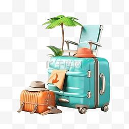 3d 夏季旅行与手提箱堆栈沙滩椅雨