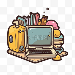 计算机插图图片_带有书籍和甜甜圈剪贴画的计算机