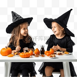 巫婆眼镜图片_可爱的孩子们坐在桌边吃饭，享受