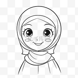 带头巾的穆斯林女孩着色页轮廓素