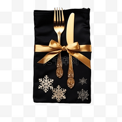 在桌子上面图片_圣诞金色餐具，装在小纺织袋中，