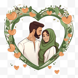 卡通垂直图片_卡通阿拉伯夫妇的肖像拥抱叶心装