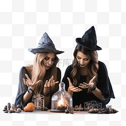两个万圣节女巫在万圣节之夜魔法