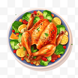 烤感恩节或圣诞火鸡与蔬菜顶视图