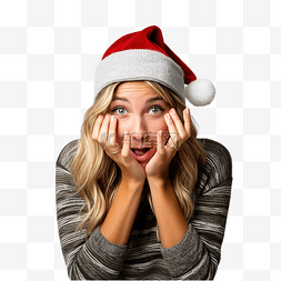 遮住图片_戴着圣诞帽的女孩在孤立的墙壁上