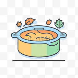 一个锅的线条图标，上面有一片叶