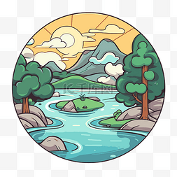 树木贴纸图片_卡通背景与河流背景与树木和岩石