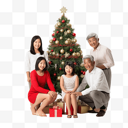 亚洲家庭图片_装饰圣诞树的多代亚洲家庭