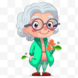 可爱奶奶剪贴画女老奶奶拿着花卡