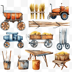 农用拖拉机集材图片_水彩农场设备工具元素收藏套装农