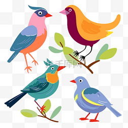 鸟类剪贴画集四只色彩缤纷的鸟坐