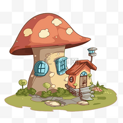 漂亮的剪贴画卡通蘑菇屋，有树和