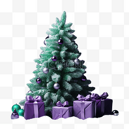带雪的松树图片_紫色雪中带玩具和丝带的绿色圣诞