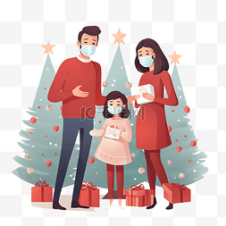 给父母送礼物图片_快乐的父母给戴口罩的女儿送圣诞