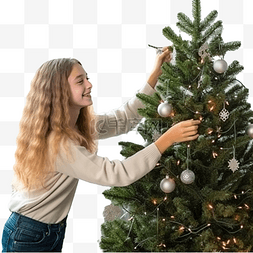 可爱的少女图片_可爱的少女在客厅里装饰圣诞树