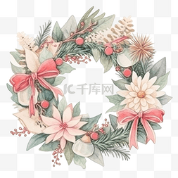 植物花环花框图片_圣诞花环圆框水彩插图