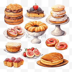 水彩画蛋糕图片_一套面包店与糖果水彩画