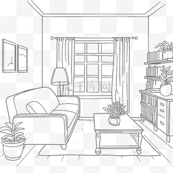 客厅草图图片_房间着色页轮廓草图的黑白绘图 