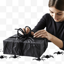 十几岁的女孩用黑纸和塑料蜘蛛装