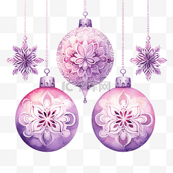 紫罗兰色的图片_圣诞球与曼陀罗饰品水彩插图粉红