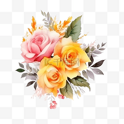 粉色和黄色图片_黄色和粉色玫瑰水彩花角花束带叶