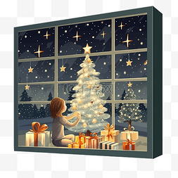 世界之窗手绘图片_有树礼品盒的女孩客厅夜窗庆祝圣