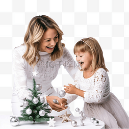 孩子们和妈妈图片_妈妈带着小女儿装饰圣诞树，玩得