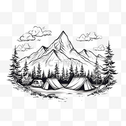 帐篷复古插画图片_山上露营线条艺术插画