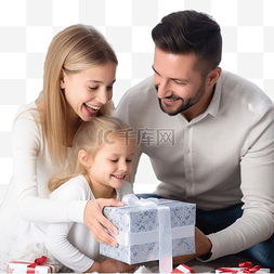 打开圣诞礼盒图片_可爱的小女孩和家人在家打开圣诞