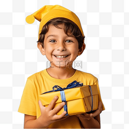 男士拿着礼物图片_一个穿着蓝色 T 恤的孩子，黄色墙