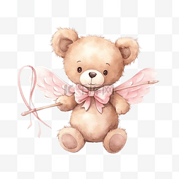 水彩泰迪熊与粉红色弓箭手水彩动