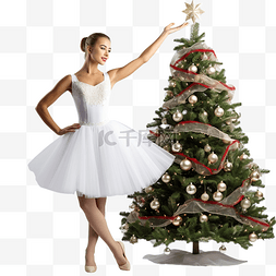 芭蕾女人图片_圣诞树附近穿着白色芭蕾舞短裙和