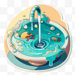 卡通鱼盘子图片_卡通水槽，盘子上有溢出的水，水