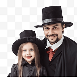 父母拉着孩子图片_化着德古拉妆的父亲和戴帽子的小