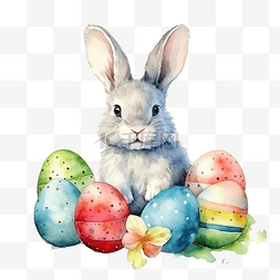 复活节彩蛋水彩图片_复活节彩蛋与耳朵兔子水彩