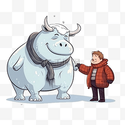 卡通人性化大公牛穿着外套和小雪