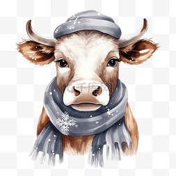手绘可爱的牛，戴着围巾过冬和圣