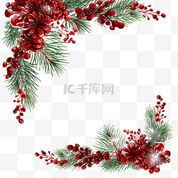 圣诞红，角落里有松枝和雪花