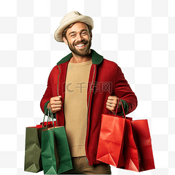 圣诞节绿色帽子图片_戴着圣诞帽和复古衬衫绿色购物袋