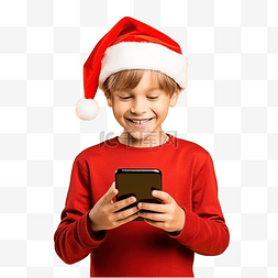 戴着圣诞红帽手机为黄色的快乐微