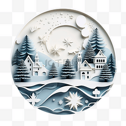 月亮城图片_剪纸风格的圣诞村和圣诞树