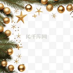 金色圣诞边框图片_冷杉树枝和金色圣诞球和星星的边