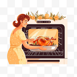 家庭主妇在烤箱里准备烤鸡