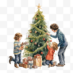 快乐的小男孩和家人一起装饰圣诞
