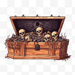 人体骨骨骼图图片_打开木棺材中的骨架，上面有蜘蛛