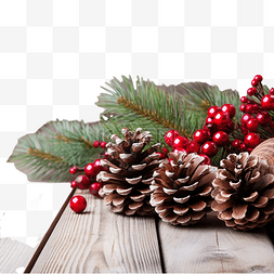 红松果图片_木桌上有锥体和红球的圣诞贺卡