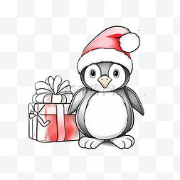 可爱的企鹅带着礼物戴着圣诞老人